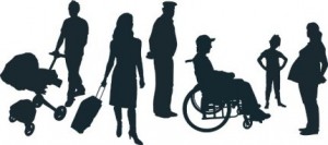Grafik zeigt Silhouette verschiedener Personen mit und ohne Behinderung.